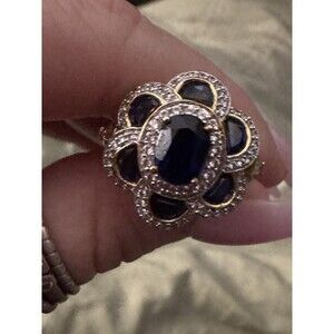 Diamonique Sterling Silver Blue Sapphire CZ Halo Ring Gold Vermeil Sz 7